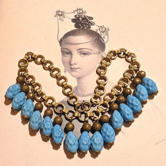 Antique Bookchain Czech Molded Pressed Sky Blue Glass Dangles Choker Necklace - Picture 8 of 8